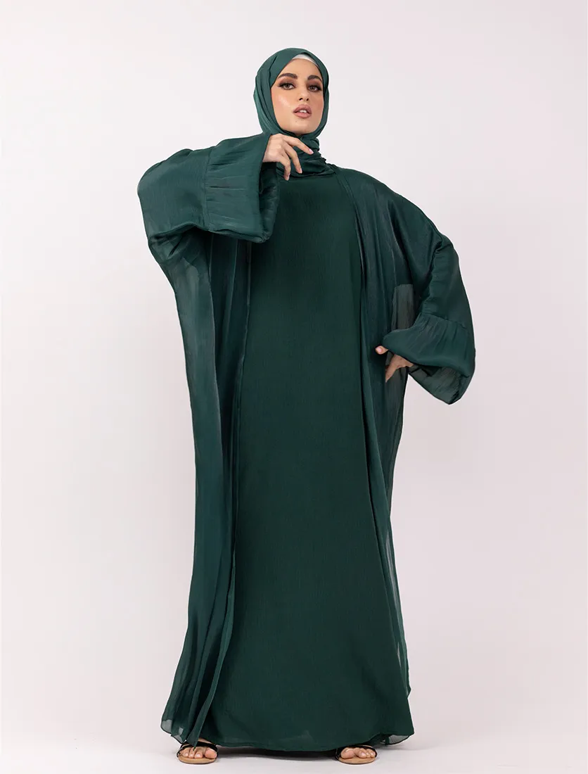 Bottle Green Open Organza Kaftan Set